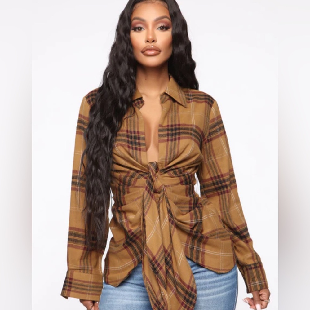 Fashion Nova Good Behavior Plaid Top- Camel Combo